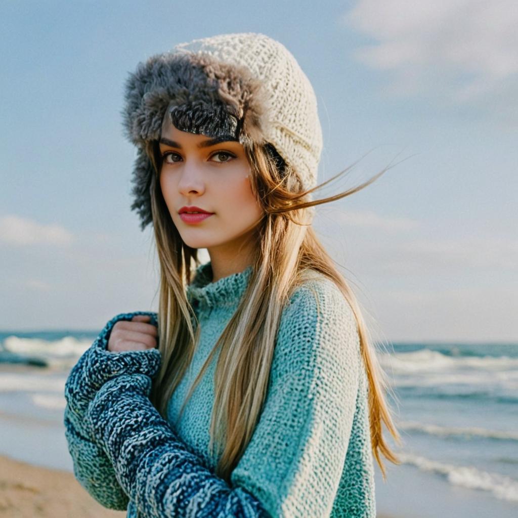 Woman on Beach in Cozy Knit Hat and Sweater