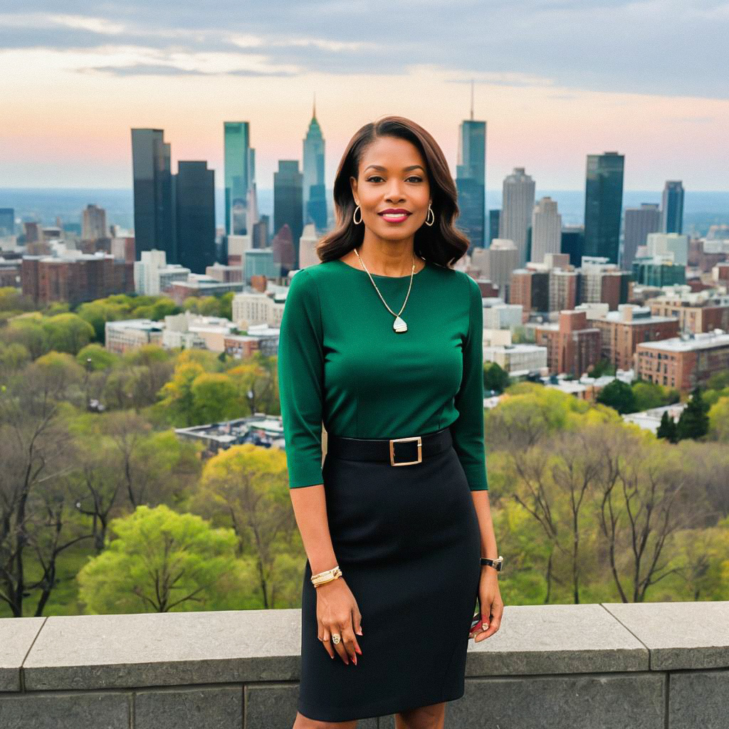 Confident Woman Against Urban Skyline at Sunset