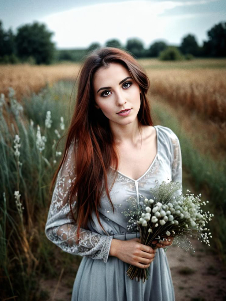 Woman in Golden Field with Flowers