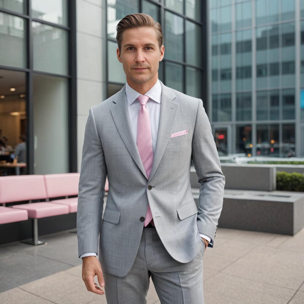 Confident Man in Grey Suit with Pink Tie in Urban Setting