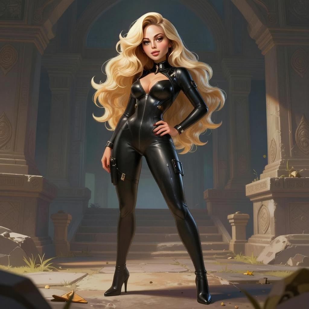 Stylish Blonde Woman in Black Leather Catsuit Digital Art in Ancient Ruins