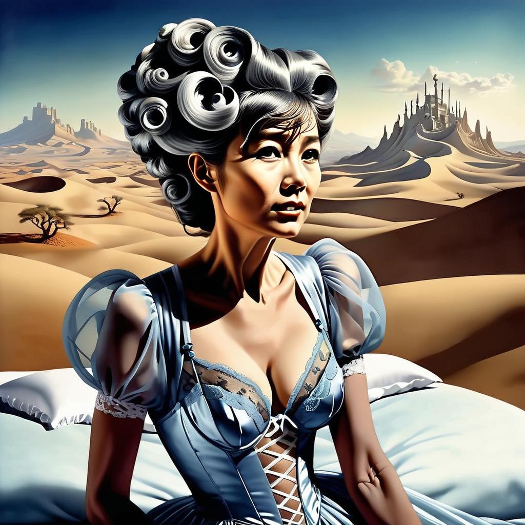 Elegant Woman in Vintage Blue Lace Gown in Surreal Desert Landscape Elegant Woman in Vintage Blue Lace Gown in Surreal Desert Landscape