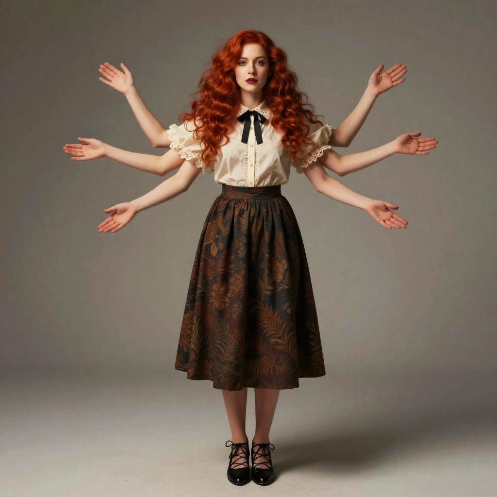 Surreal Portrait of Red-Haired Woman with Multiple Arms in Vintage Style Outfit