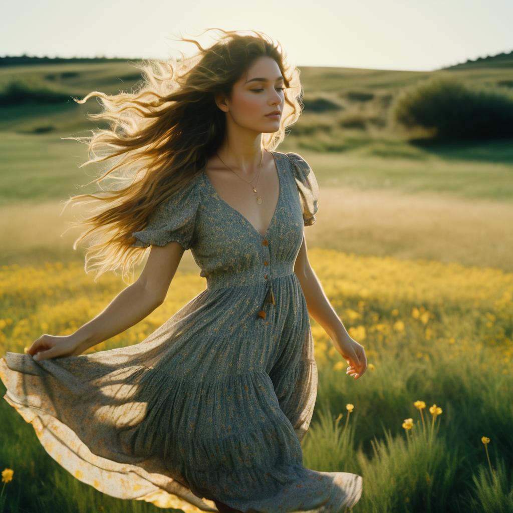 Woman Twirling in Scenic Meadow