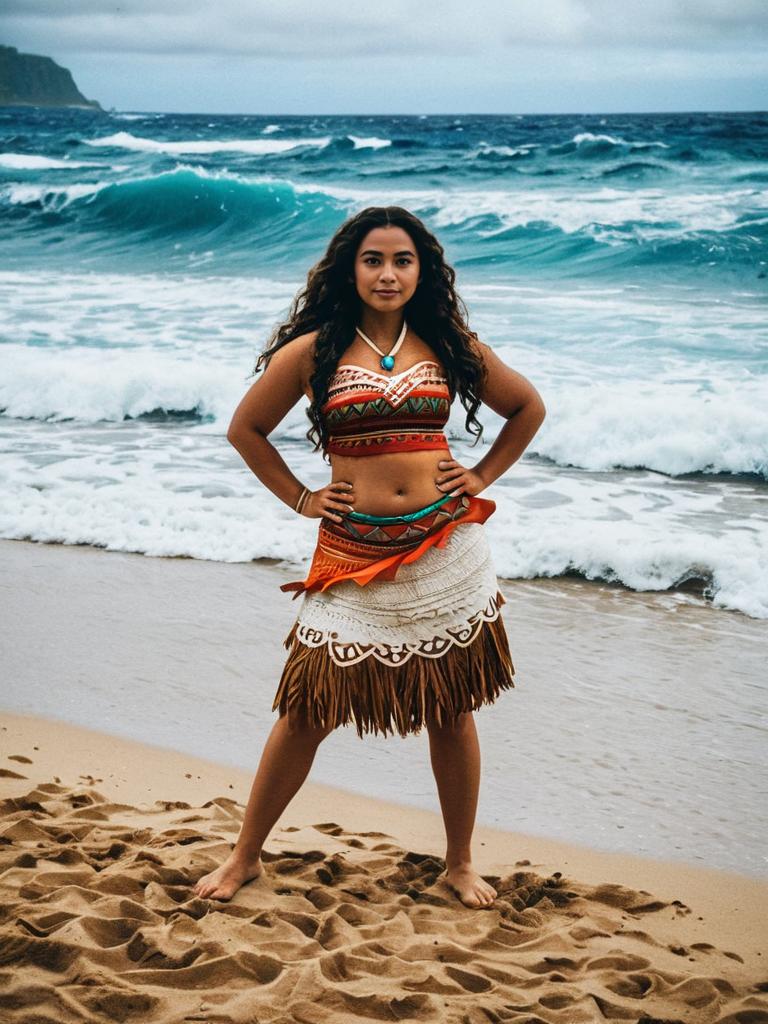 Confident Woman in Tribal Costume on Beach