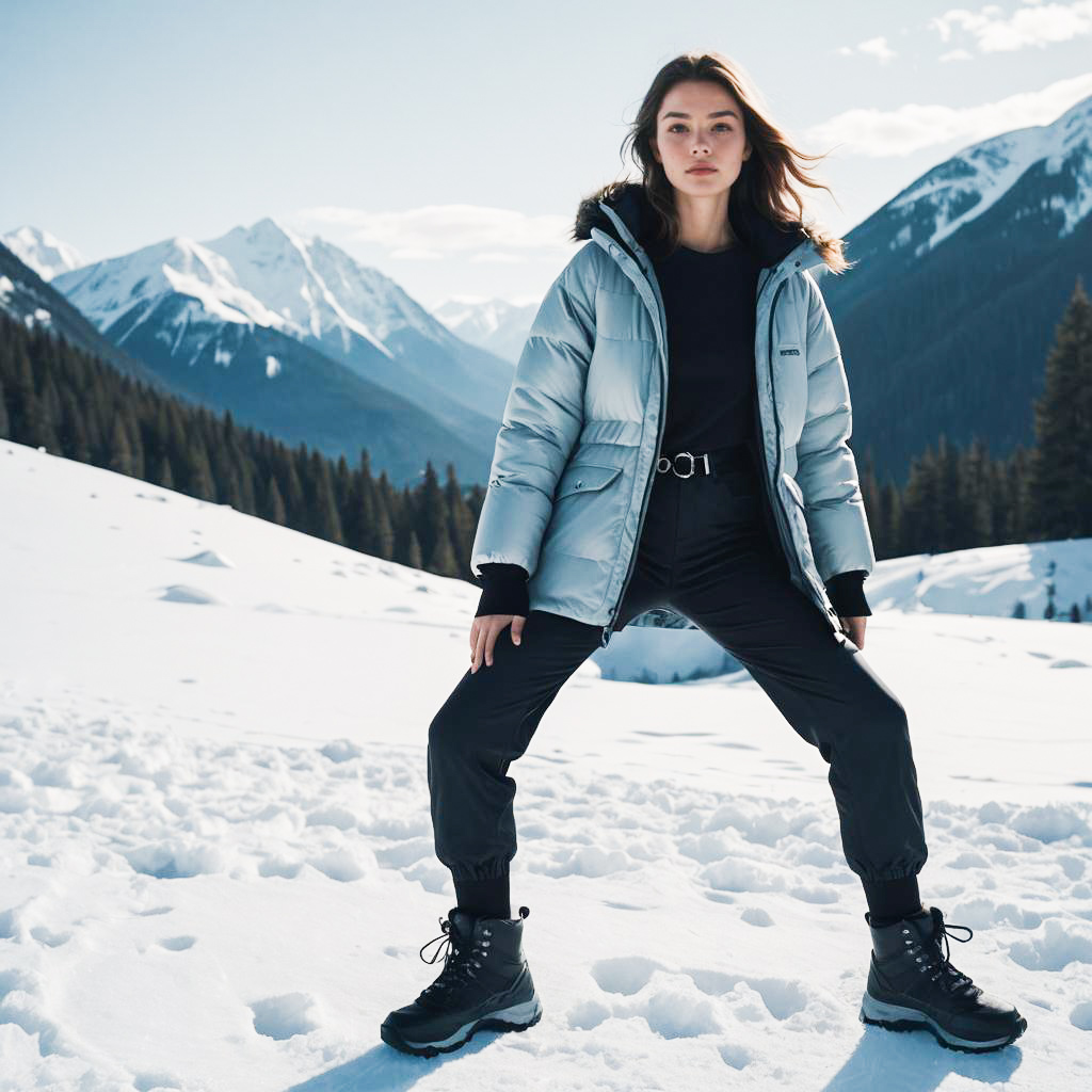 Stylish Woman in Silver Puffer Jacket in Snowy Landscape