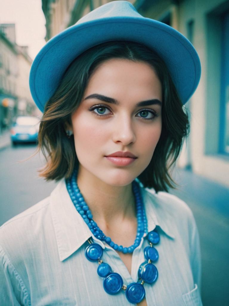 Elegant Woman with Blue Accessories on Urban Street