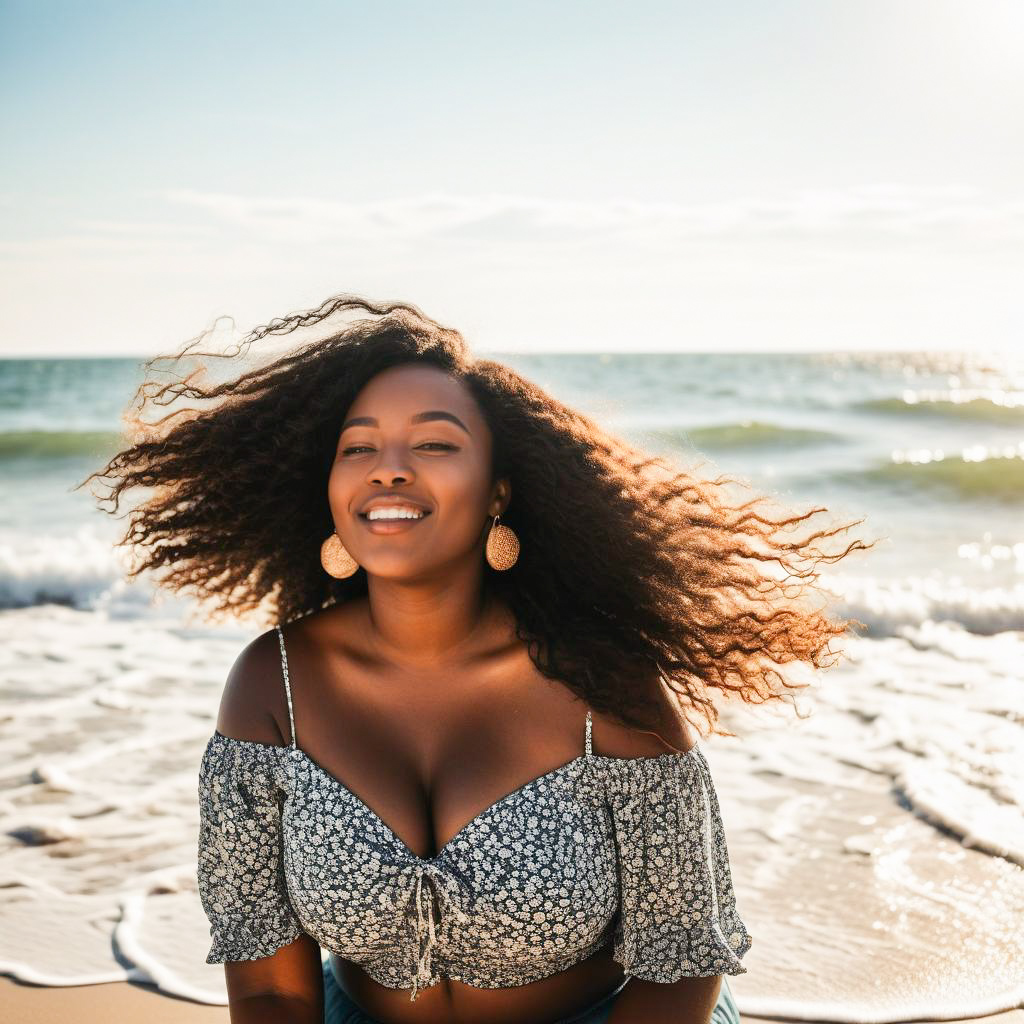 Joyful Woman on Beach with Ocean Waves Joyful Woman on Beach with Ocean Waves