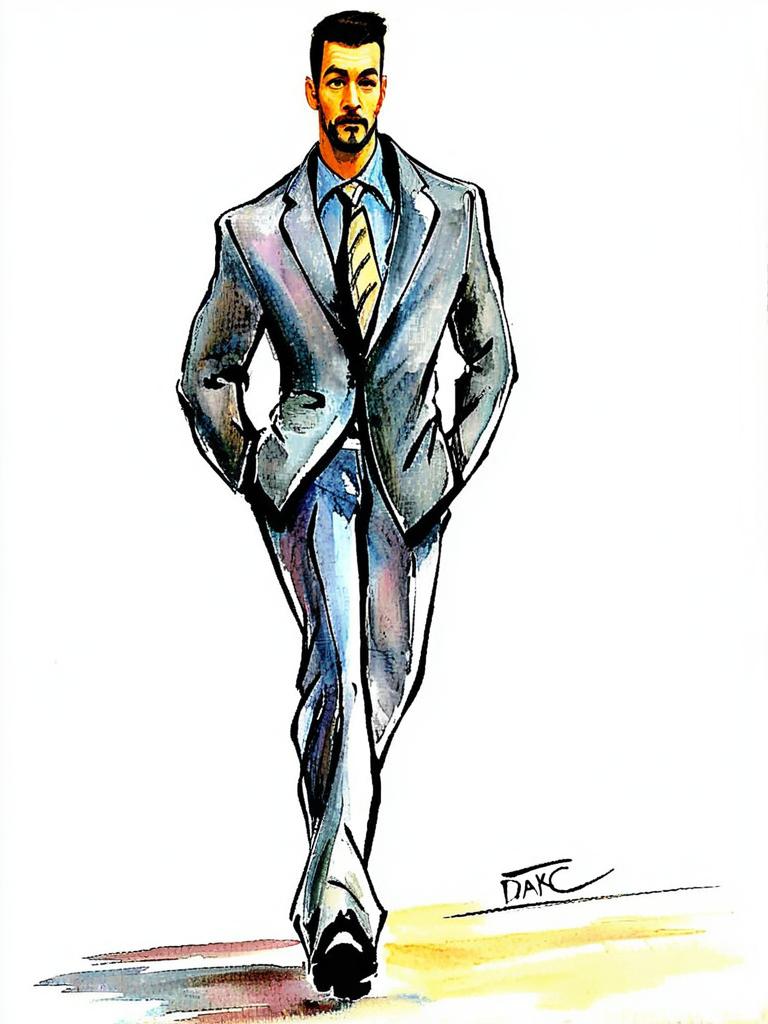Confident Man in Stylish Suit - Watercolor Illustration