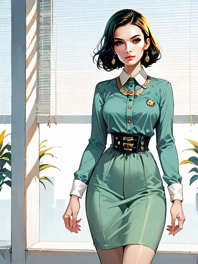 Realistic Style Full-Body Illustration of Woman in Contemporary Green Dress