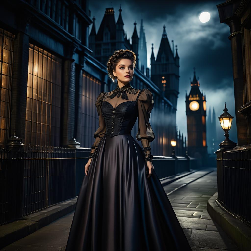 Elegant Woman in Vintage Gown under Moonlight