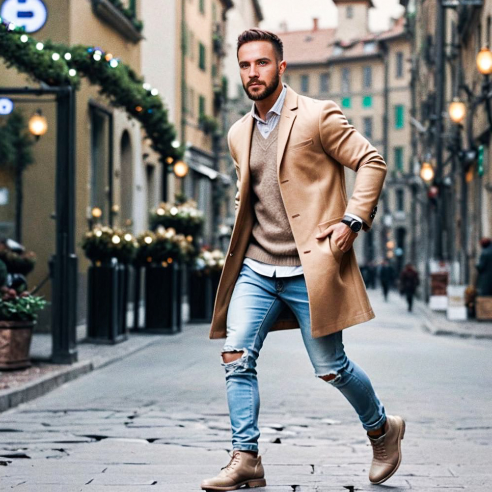 Stylish Man in Camel Coat on Festive Street