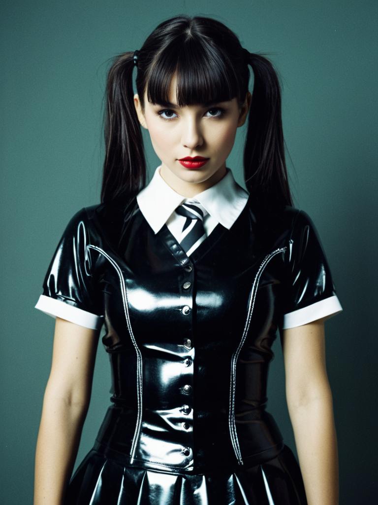Woman in Glossy Black Latex Schoolgirl Costume Waist-Up Editorial Portrait