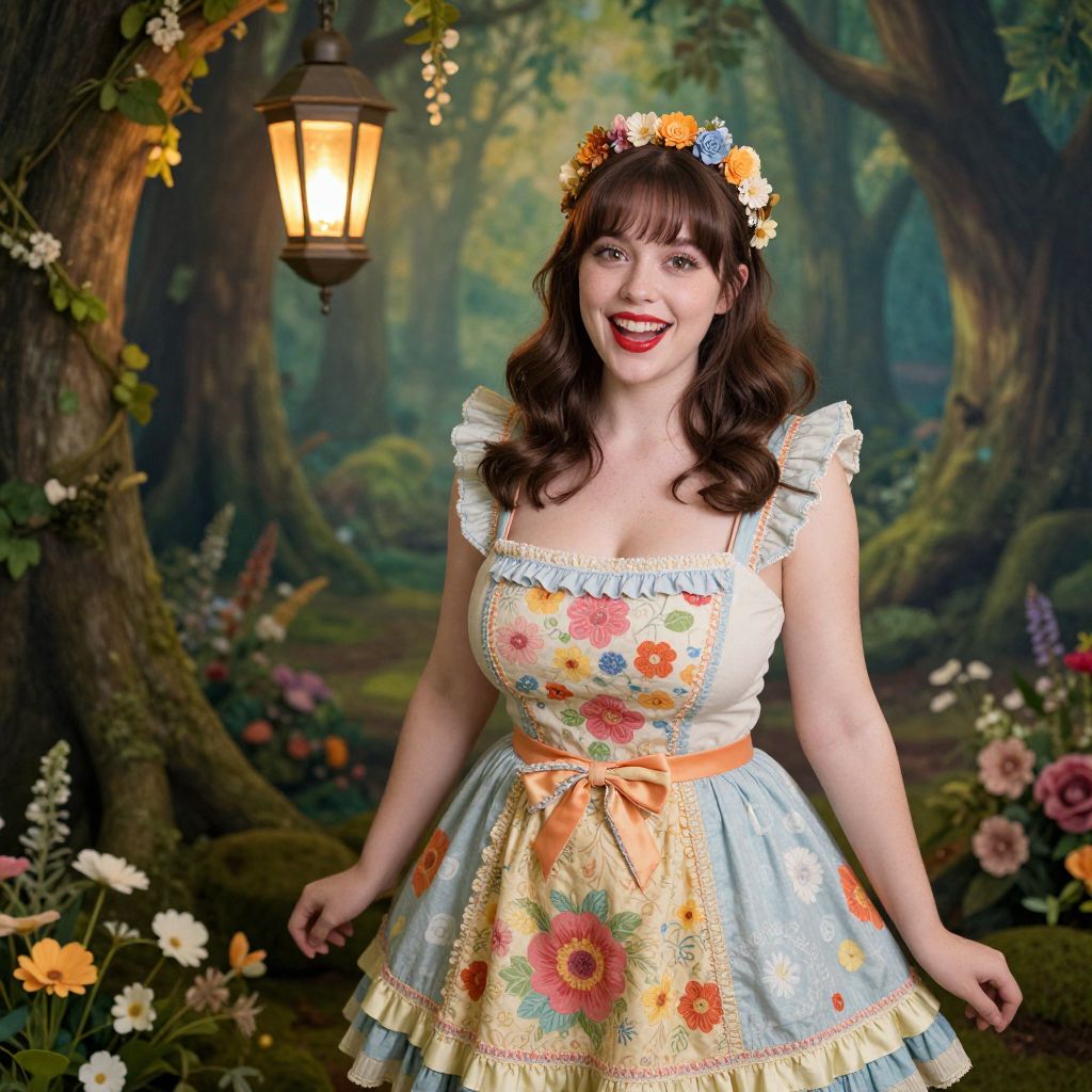 Woman in Floral Vintage Dress with Flower Crown in Enchanted Forest