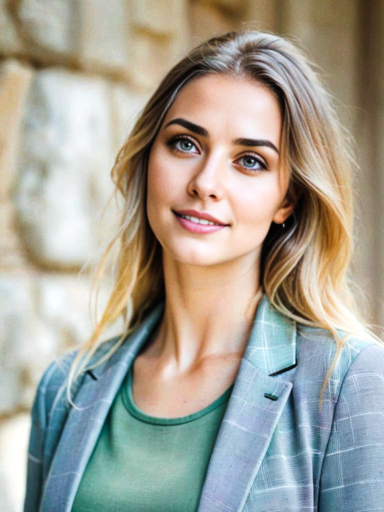 Confident young woman in gray blazer and green top