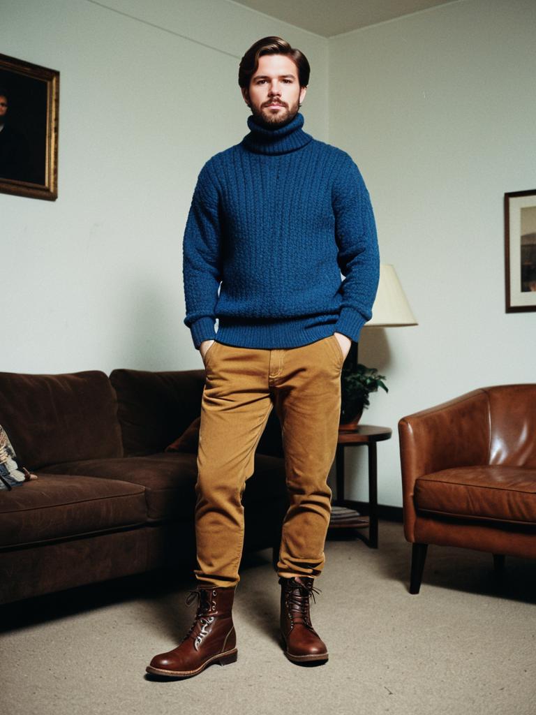 Man Wearing Blue Turtleneck Sweater and Mustard Pants with Brown Leather Boots
