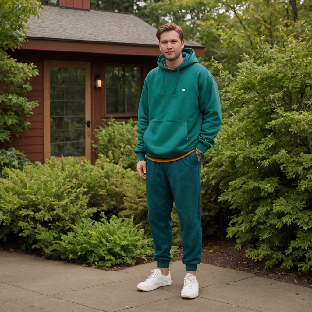 Man in Teal Hoodie and Joggers in Front of House