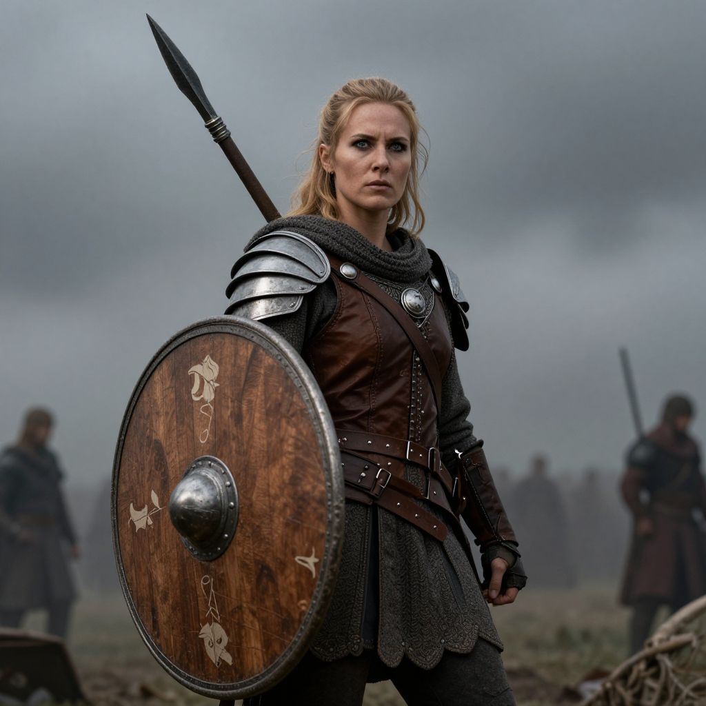 Medieval Woman Warrior with Shield and Spear on Battlefield