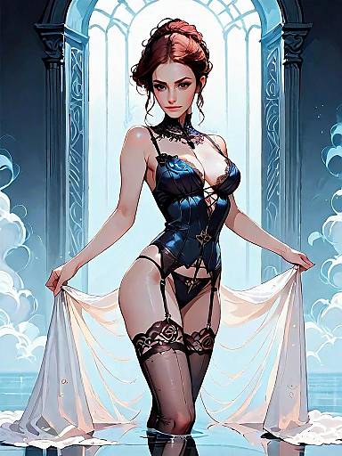 Dark Fantasy Woman in Elegant Lingerie at Nighttime with Mist and Arched Window