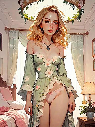 Digital Art of Woman in Floral Green Dress in Cozy Bedroom