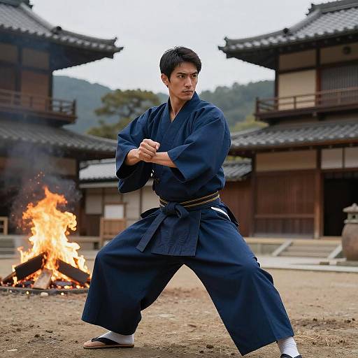 Traditional Martial Arts Pose by Man in Japanese Courtyard with Fire