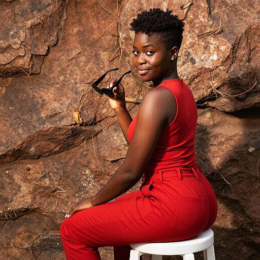 Stylish Young Woman in Red Outfit Posing Against Rocky Background