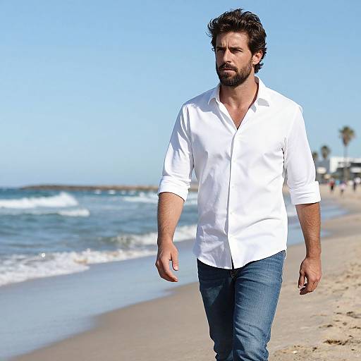 Man Walking on Beach in White Shirt and Jeans by Ocean