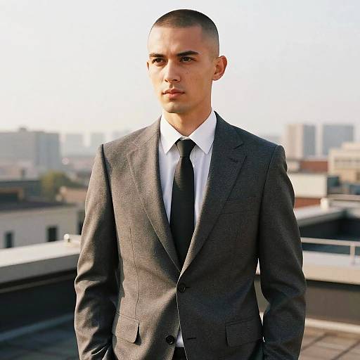 Young Man in Modern Gray Suit on Rooftop Urban Background