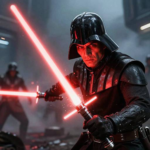 Sith Warrior with Dual Red Crossguard Lightsabers in Sci-Fi Battle Scene