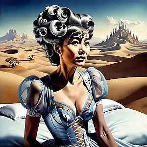 Elegant Woman in Vintage Blue Lace Gown in Surreal Desert Landscape