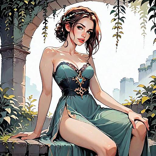 Fantasy Illustration of Woman in Teal Dress Sitting on Ancient Ruins