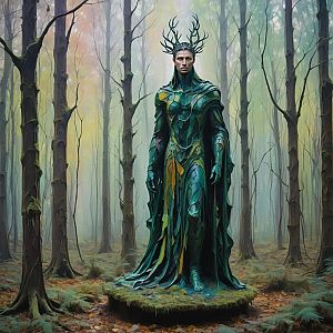Man in Nature-Inspired Armor in Mystical Forest