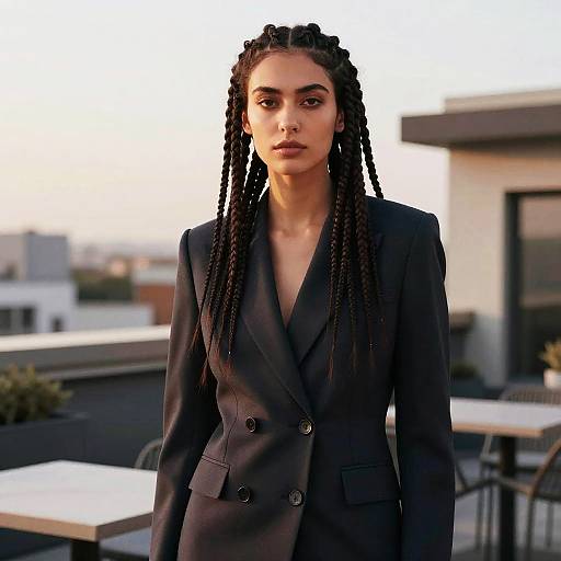 Confident Woman in Tailored Blazer with Braided Hair on Rooftop