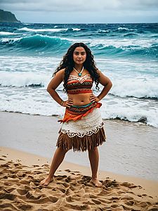 Confident Woman in Tribal Costume on Beach