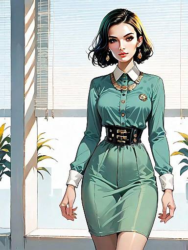 Realistic Style Full-Body Illustration of Woman in Contemporary Green Dress