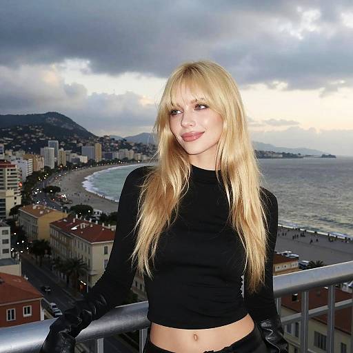 Blonde Woman Posing on Balcony Overlooking Coastal City at Dusk