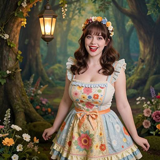 Woman in Floral Vintage Dress with Flower Crown in Enchanted Forest