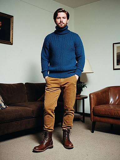 Man Wearing Blue Turtleneck Sweater and Mustard Pants with Brown Leather Boots