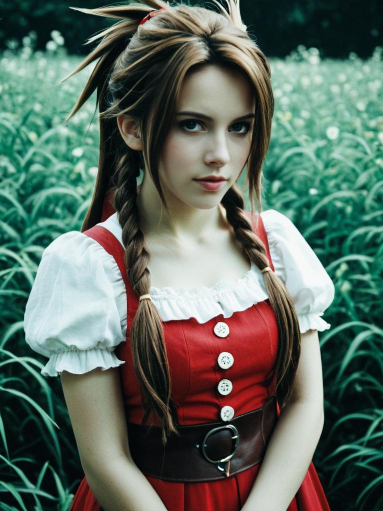 Woman in Aerith Cosplay Costume in Nature
