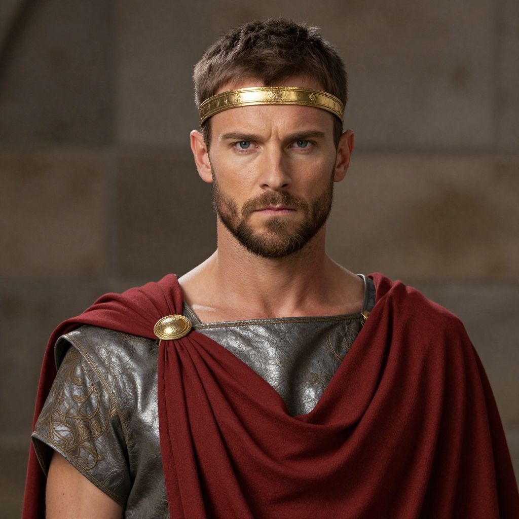 Roman Emperor Costume Portrait with Red Cloak and Golden Headband