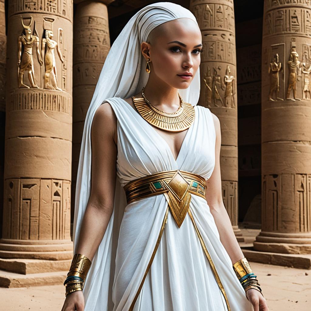 Woman in White Egyptian-Inspired Dress at Ancient Temple with Hieroglyphic Columns