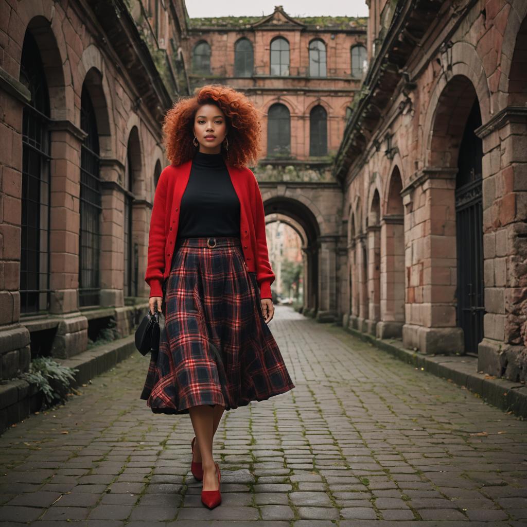Stylish Woman Walking on Historic Cobblestone Street in Autumn Fashion