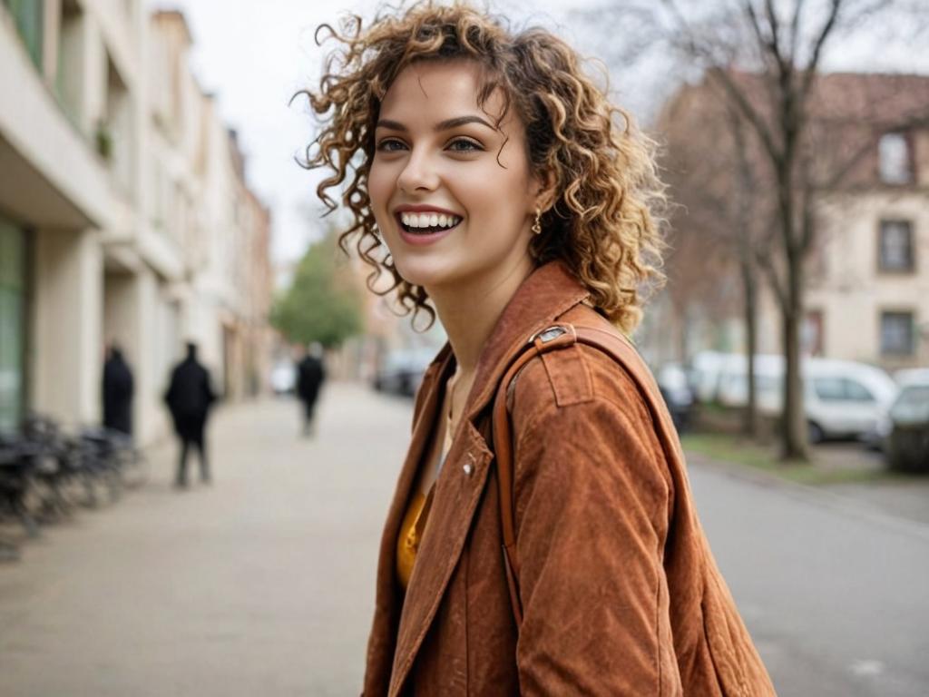 Cheerful woman with curly hair walking in the city