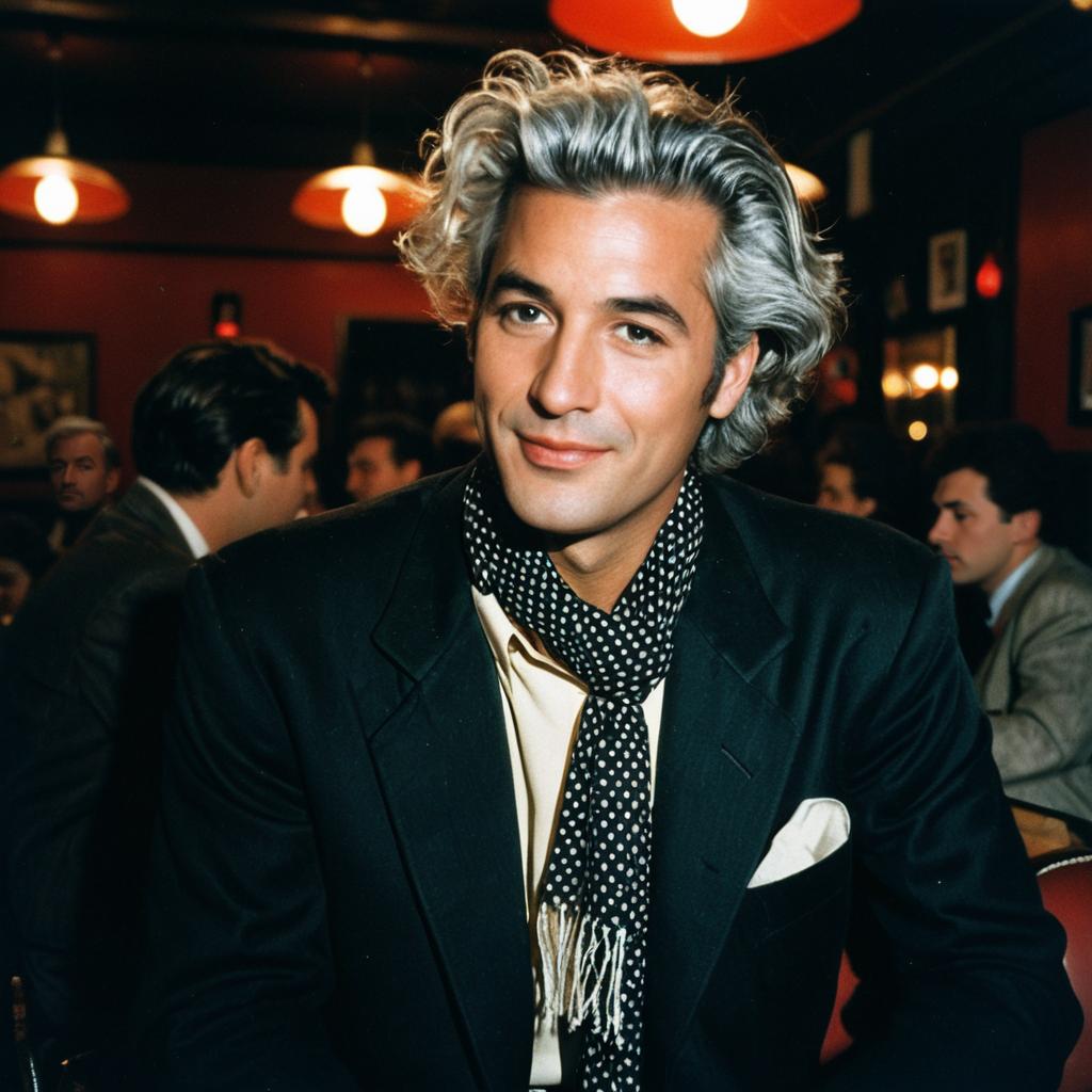 Stylish Man with Silver Hair in Vintage 1980s-Inspired Elegant Attire