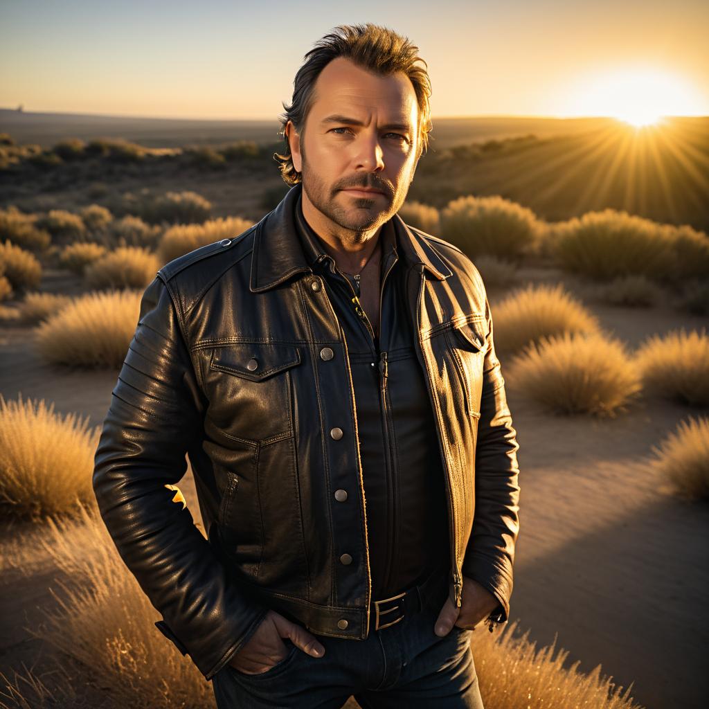 Rugged Man in Desert at Sunset