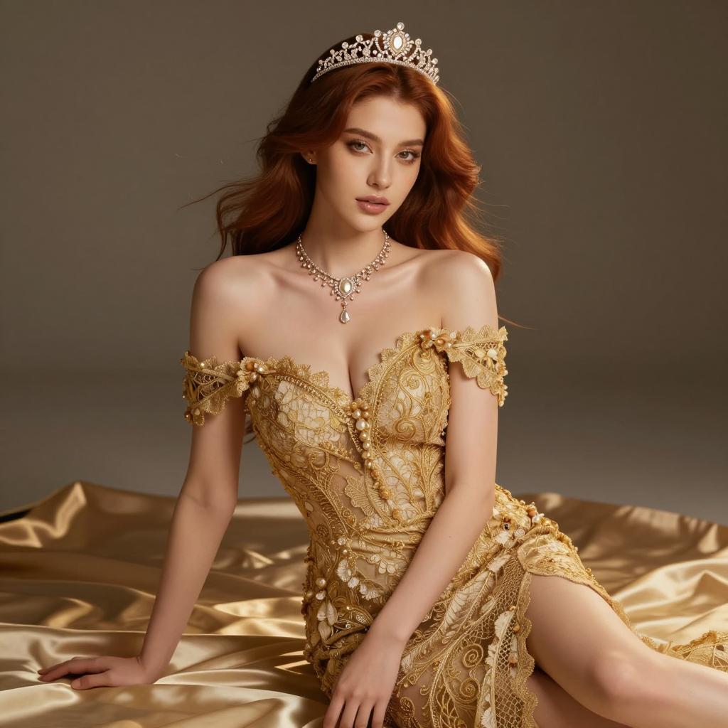 Elegant Woman in Golden Lace Gown with Tiara and Necklace