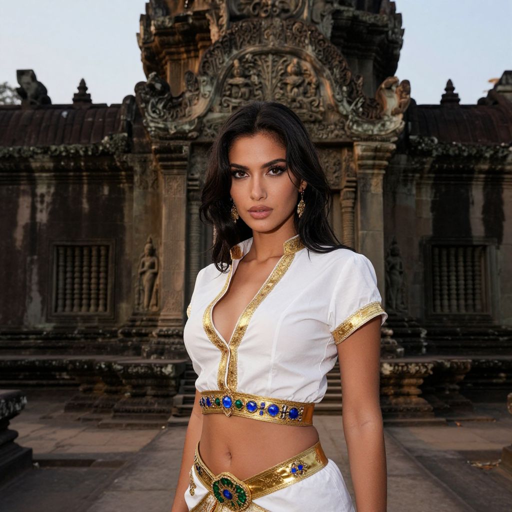 Woman in Traditional Gold-Trimmed Attire at Ancient Temple