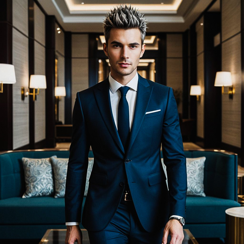 Confident Young Man in Navy Suit Confident Young Man in Navy Suit