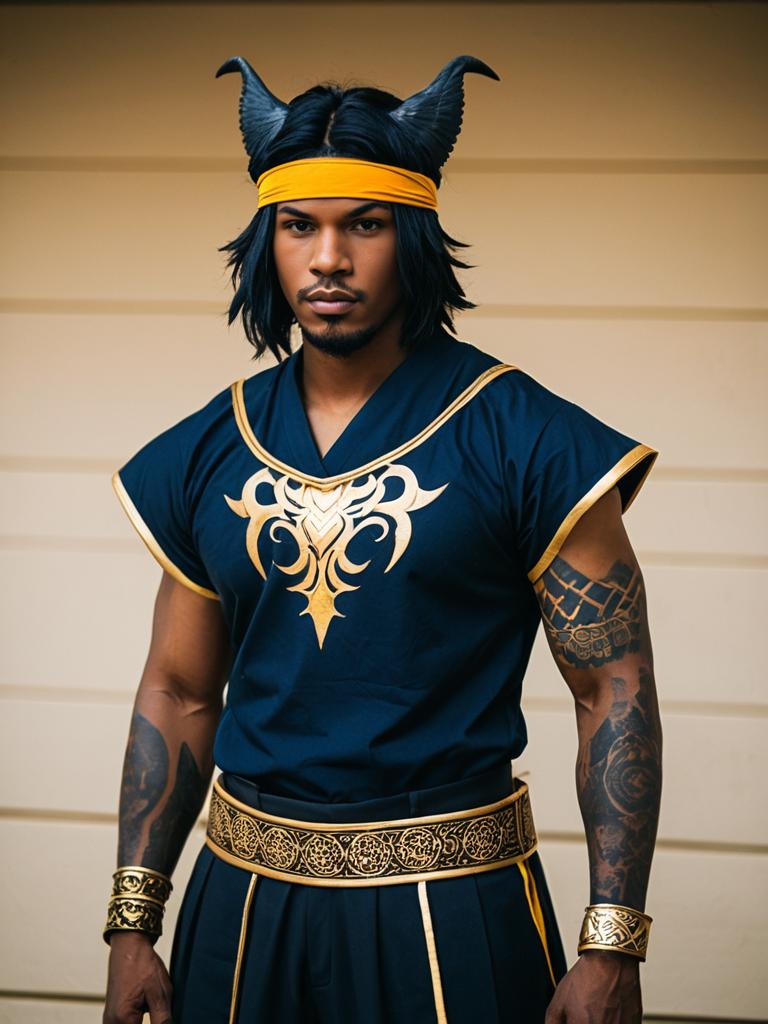 Fantasy Warrior Man with Horns and Gold Accents Costume