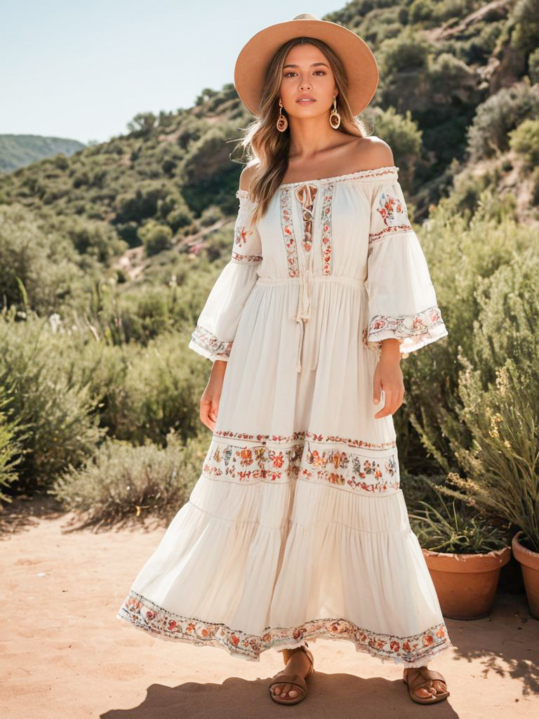 Young Woman in Bohemian Dress with Hat in Nature